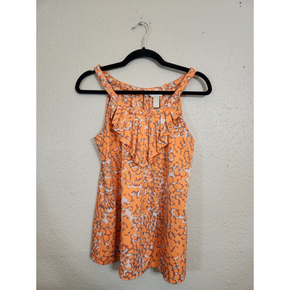 Banana Republic Sleeveless Blouse Orange Size Medium Ruffle Neck Abstract Print